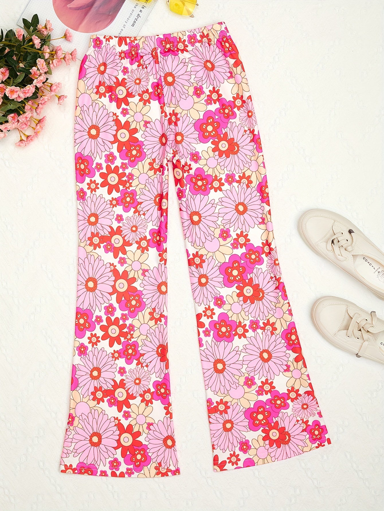 Girls Floral Flared Pants Elastic Waist Slim Fit Casual Bell Bottom