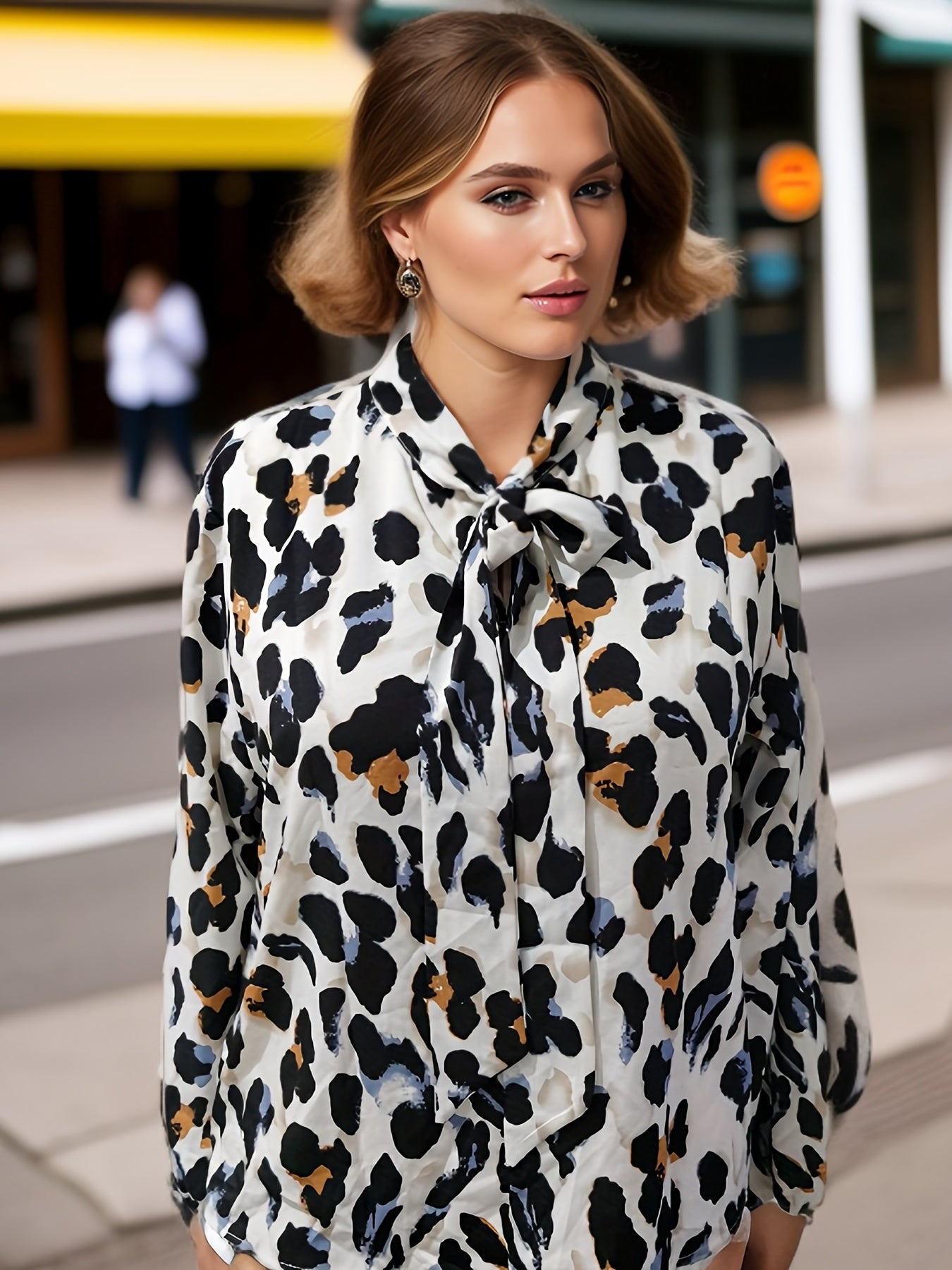 Leopard Print Bow Knot Long Sleeve Blouse