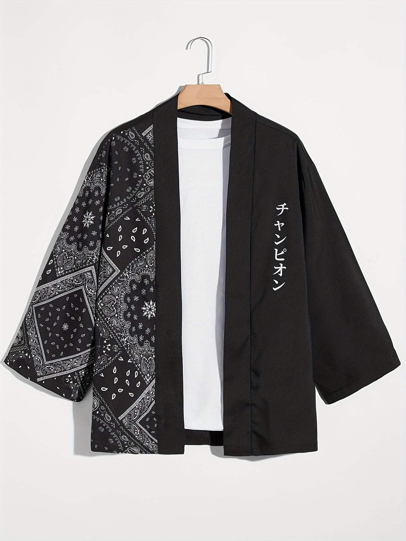 Men's Paisley & Japanese Letter Print Kimono Style Shirt
