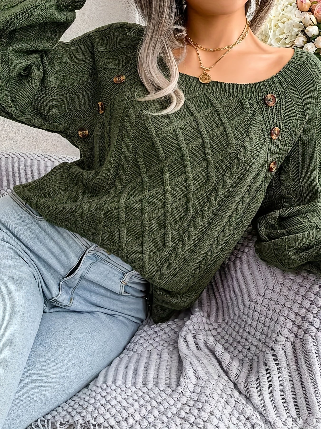 Solid Jacquard Lantern Sleeve Boat Neck Pullover Sweater