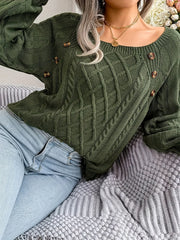 Solid Jacquard Lantern Sleeve Boat Neck Pullover Sweater