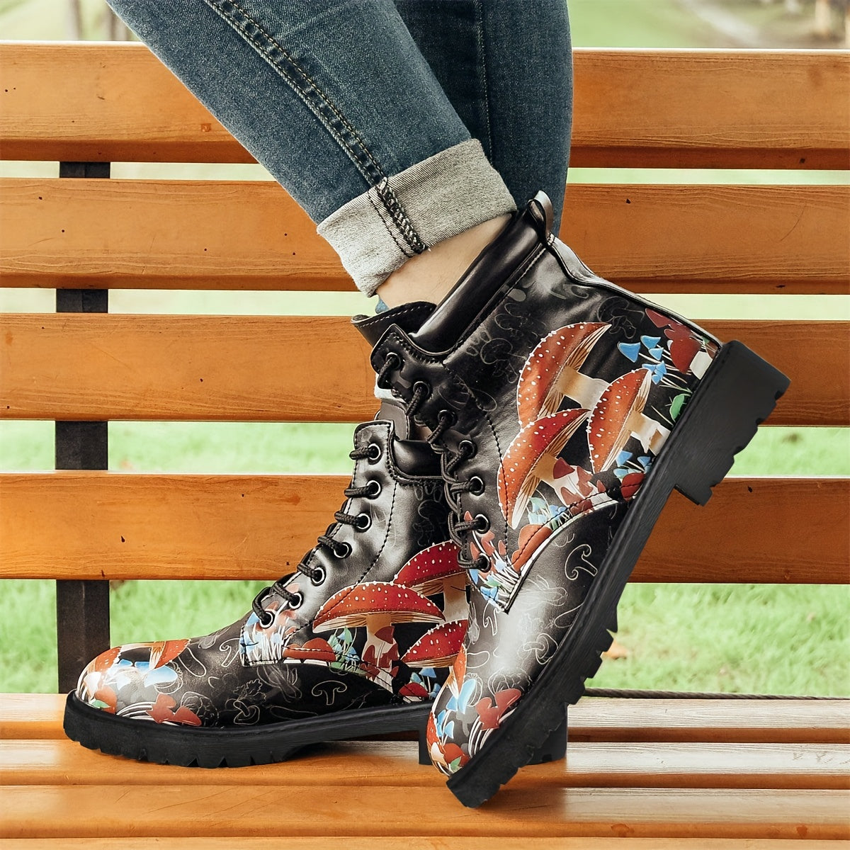 Women's Mushroom Printed Boots Halloween Lace Up Ankle Combat Boots