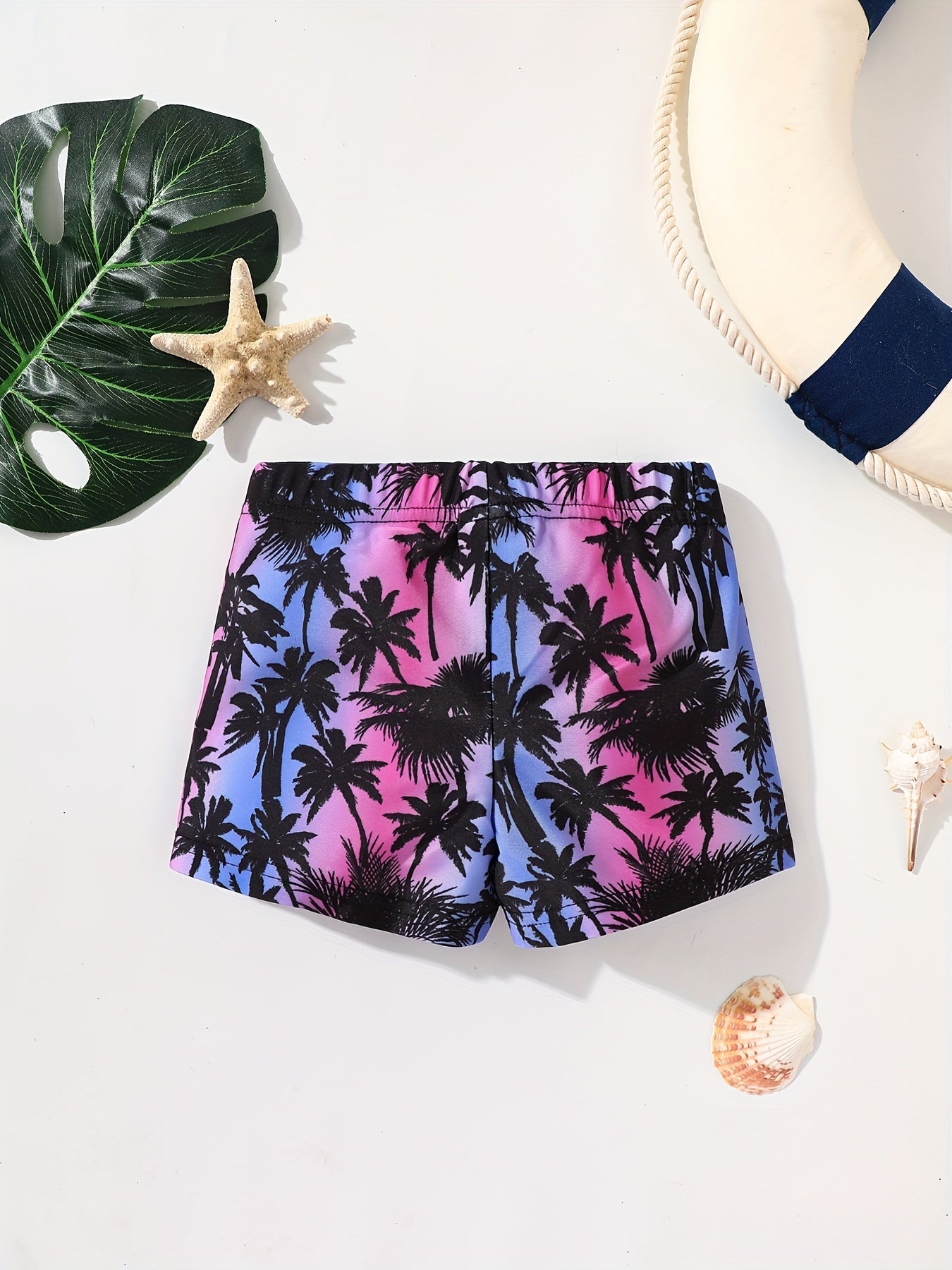 Boys Coconut Trees Print Swim Trunks, Size Up for Beach Vacation