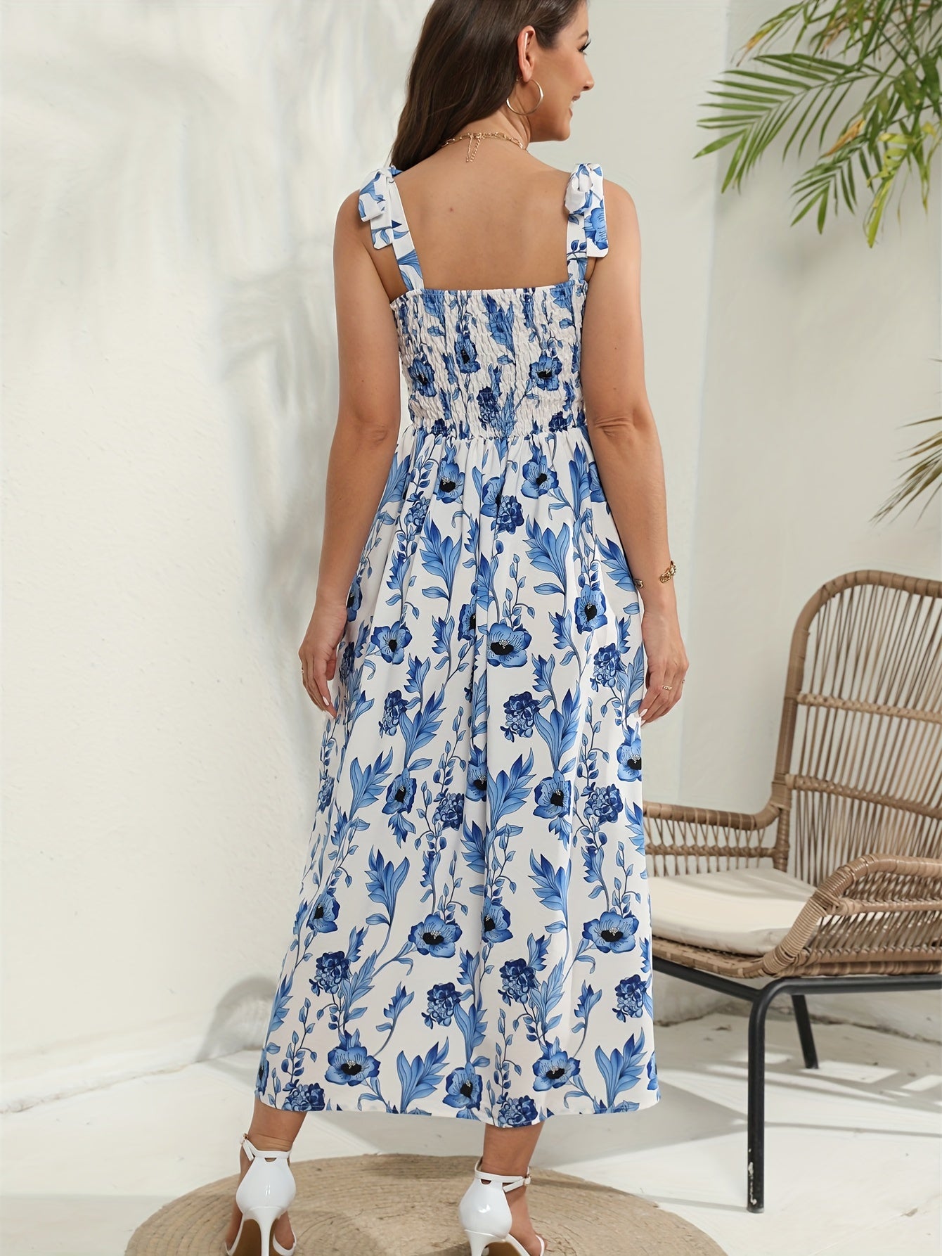 Plus Ribbed Floral Print Tie Shoulder Pleated Cami Maxi Dress