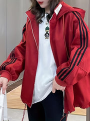 Striped Print Zip Up Jacket Casual Drawstring Hooded Jacket