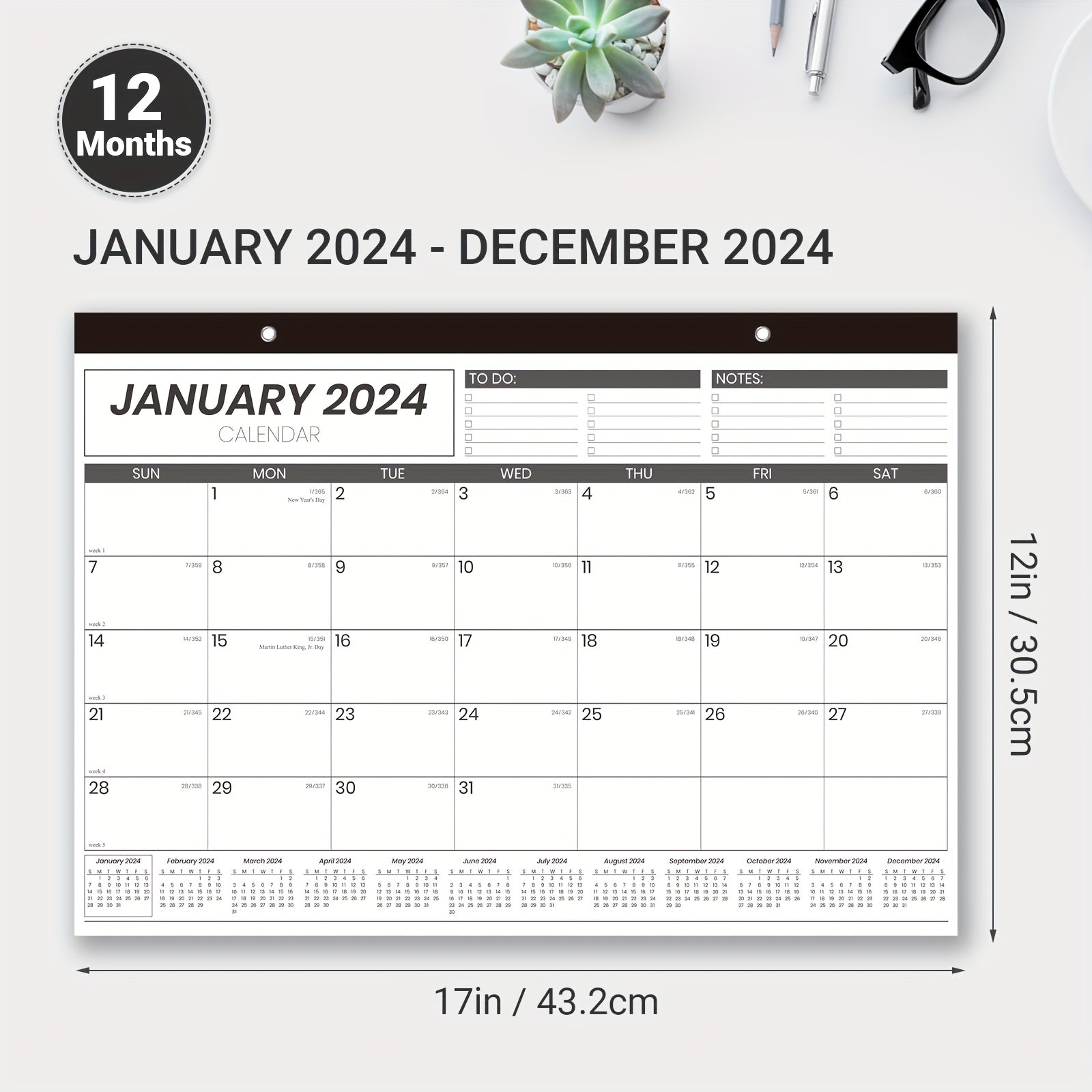 12-Month Wall Calendar 43x30 Twin Wire Binding Thick Paper Julian Dates