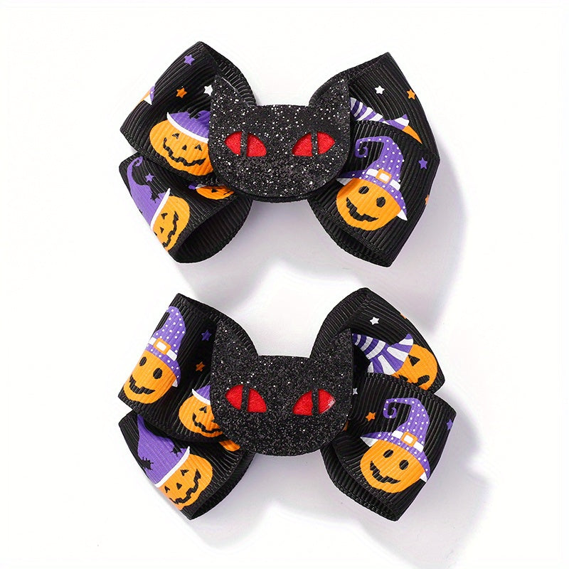 2pcs Halloween Pumpkin Ghost Cat Bow Hair Clips