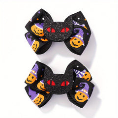 2pcs Halloween Pumpkin Ghost Cat Bow Hair Clips