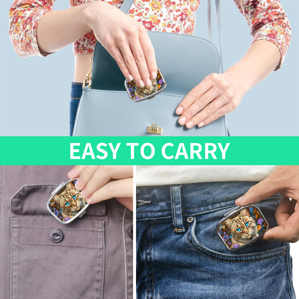 Cat Eyes Pillbox with Leaf Pattern, Unique Gift for Family