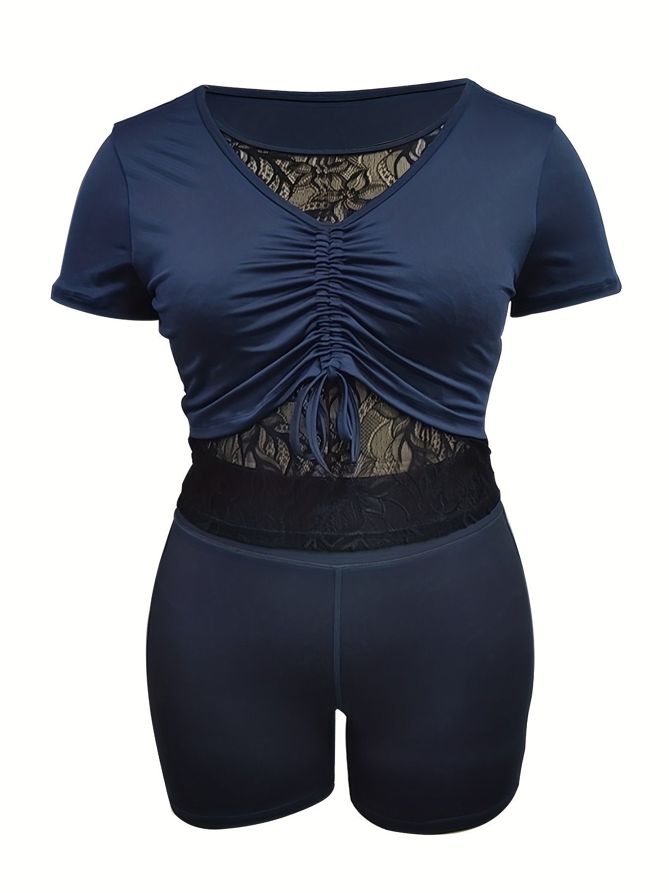 Lace Round Neck Crop Top & Shorts Two Piece Set