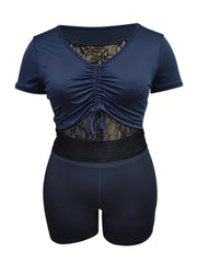 Lace Round Neck Crop Top & Shorts Two Piece Set