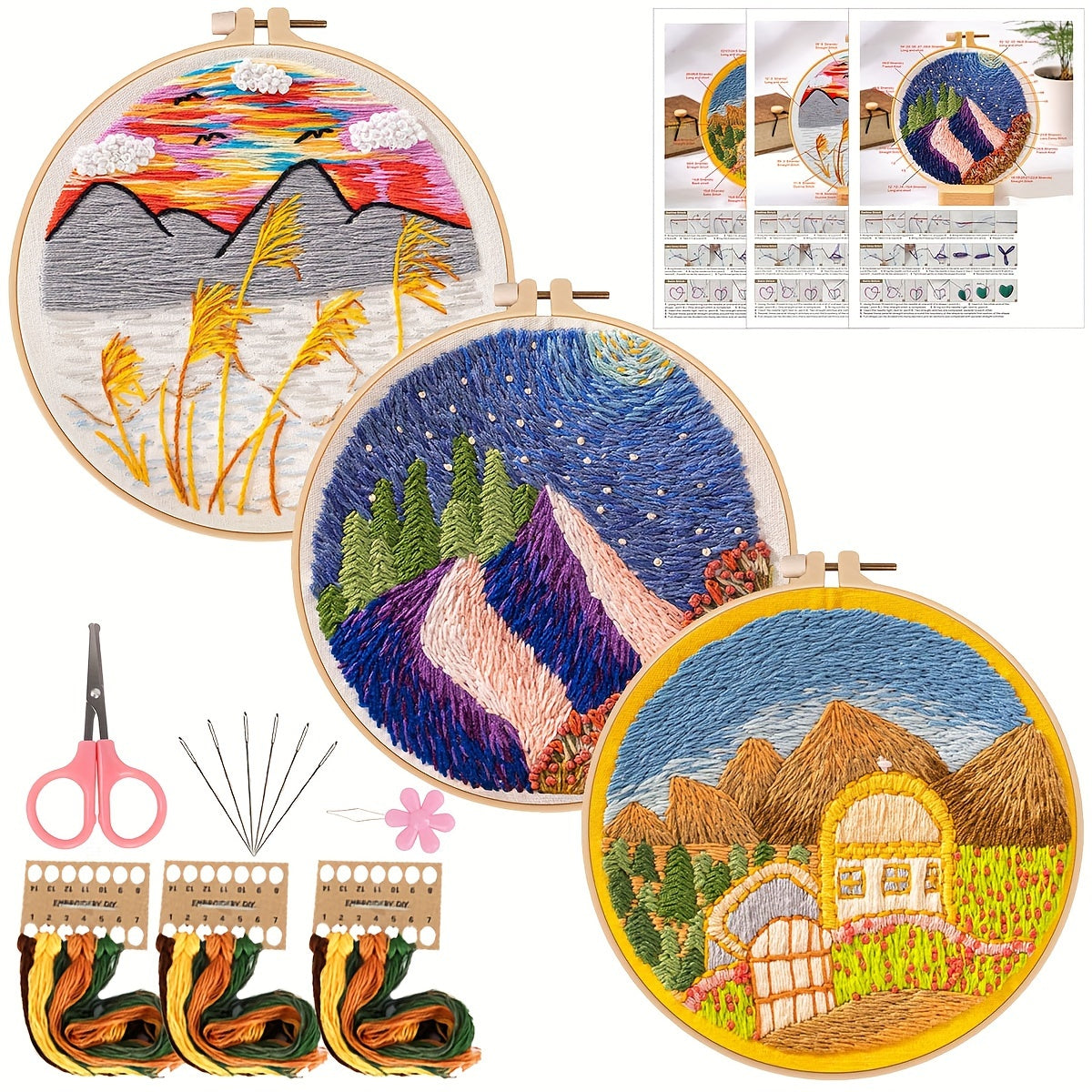 Mountain River Tree Embroidery Kit 3pcs Set with 20.07cm Hoop