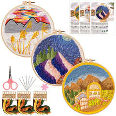 Mountain River Tree Embroidery Kit 3pcs Set with 20.07cm Hoop