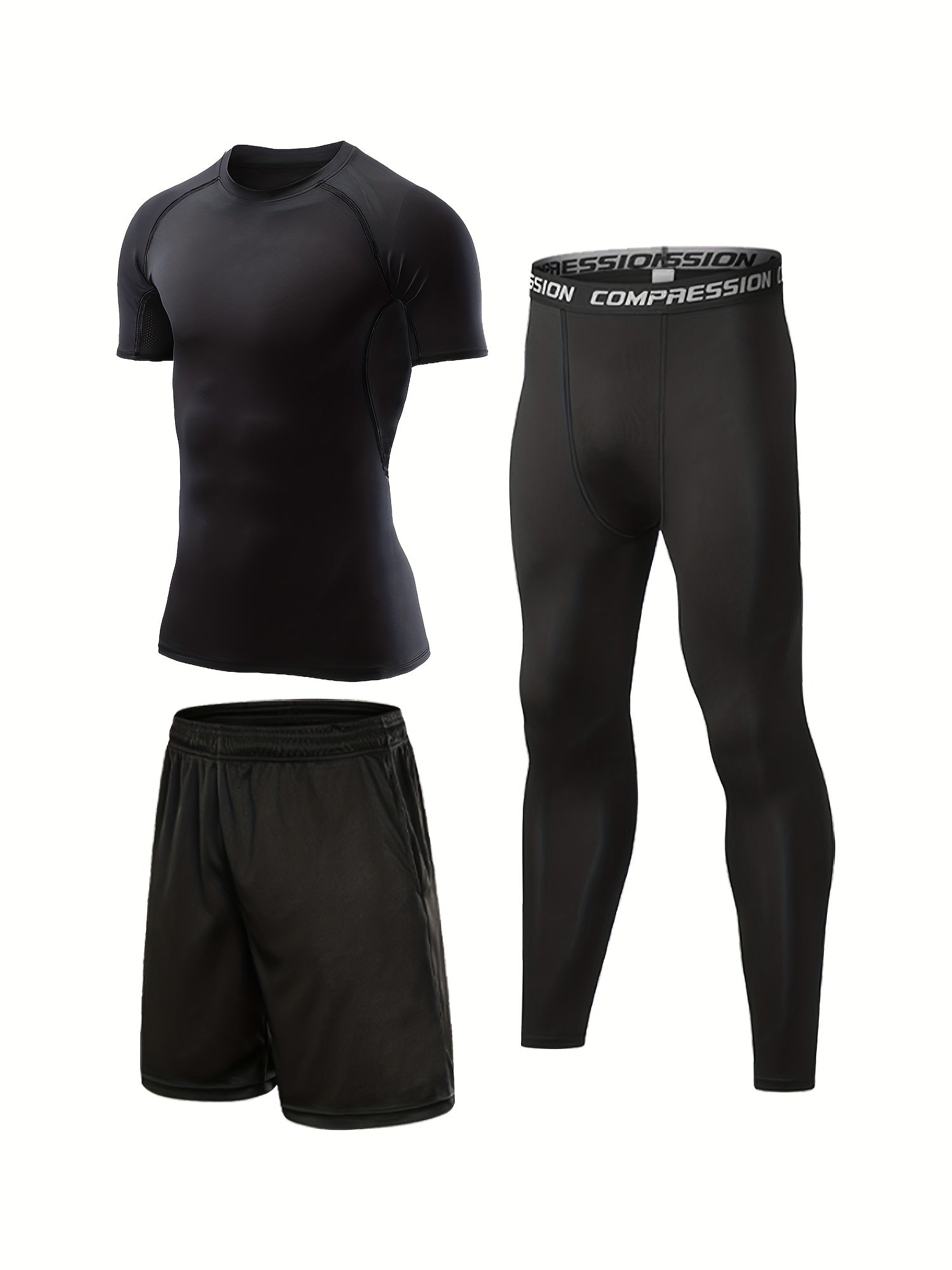 Men's 3-Pc Short Sleeve T-shirt Shorts Leggings Quick Drying Gym Outfit