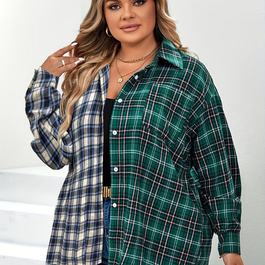 Casual Blouse Women's Plus Colorblock Plaid Print Long Sleeve