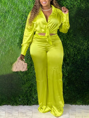 Women's Plus Solid Long Sleeve Shirt & Wide Leg Pants 2 Piece Set