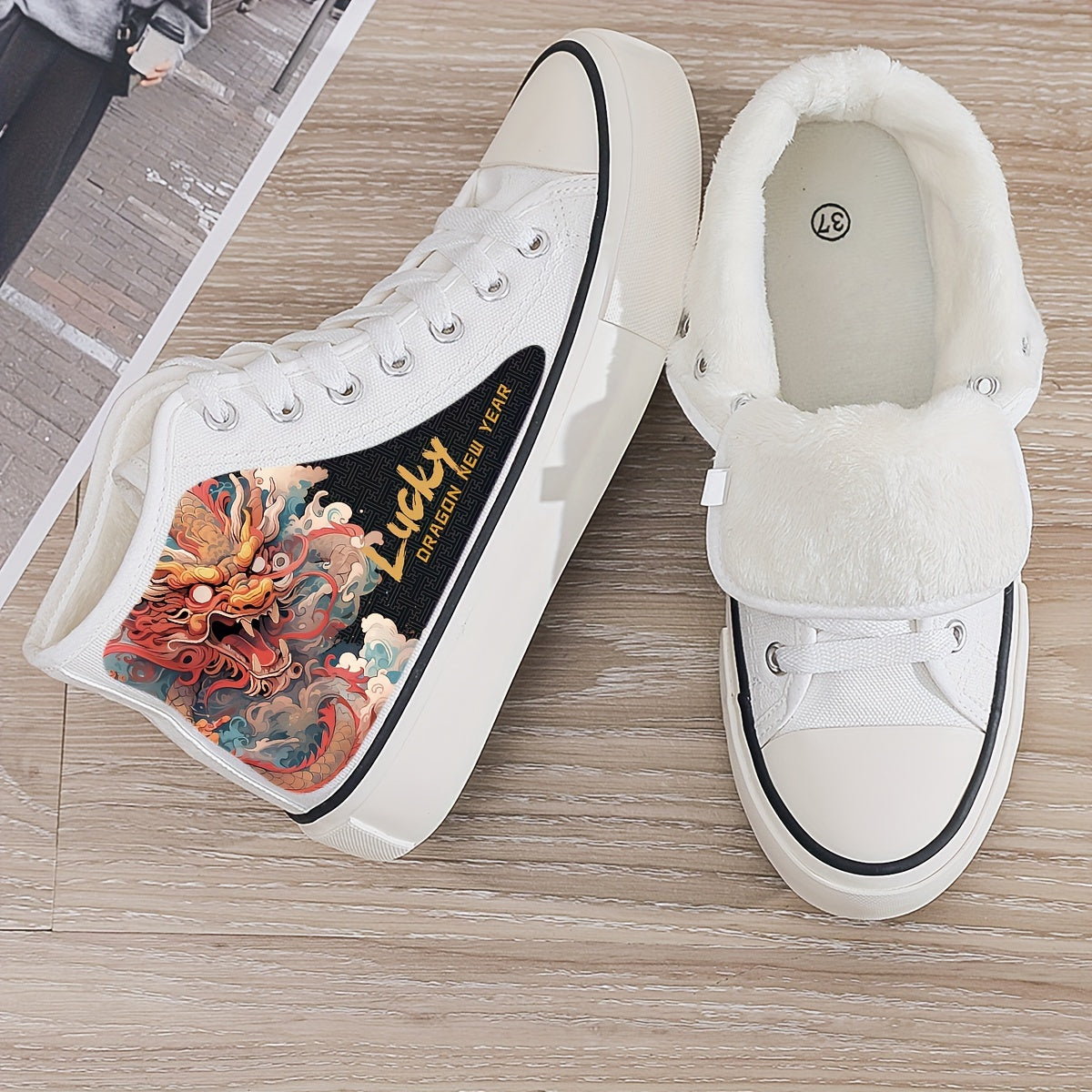 Dragon Print Plush Lined Chunky Canvas Sneakers