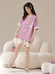 Bear Print Pajama Set Crew Neck Short Sleeve Top & Shorts