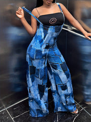 Patchwork Pattern Wide Leg Overall Jumpsuit for Spring & Summer