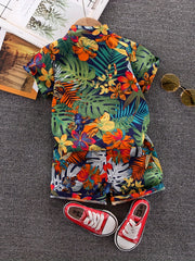 Boys Leaf & Flower Print Outfit Shirt & Shorts Kids Summer Clothes Sets