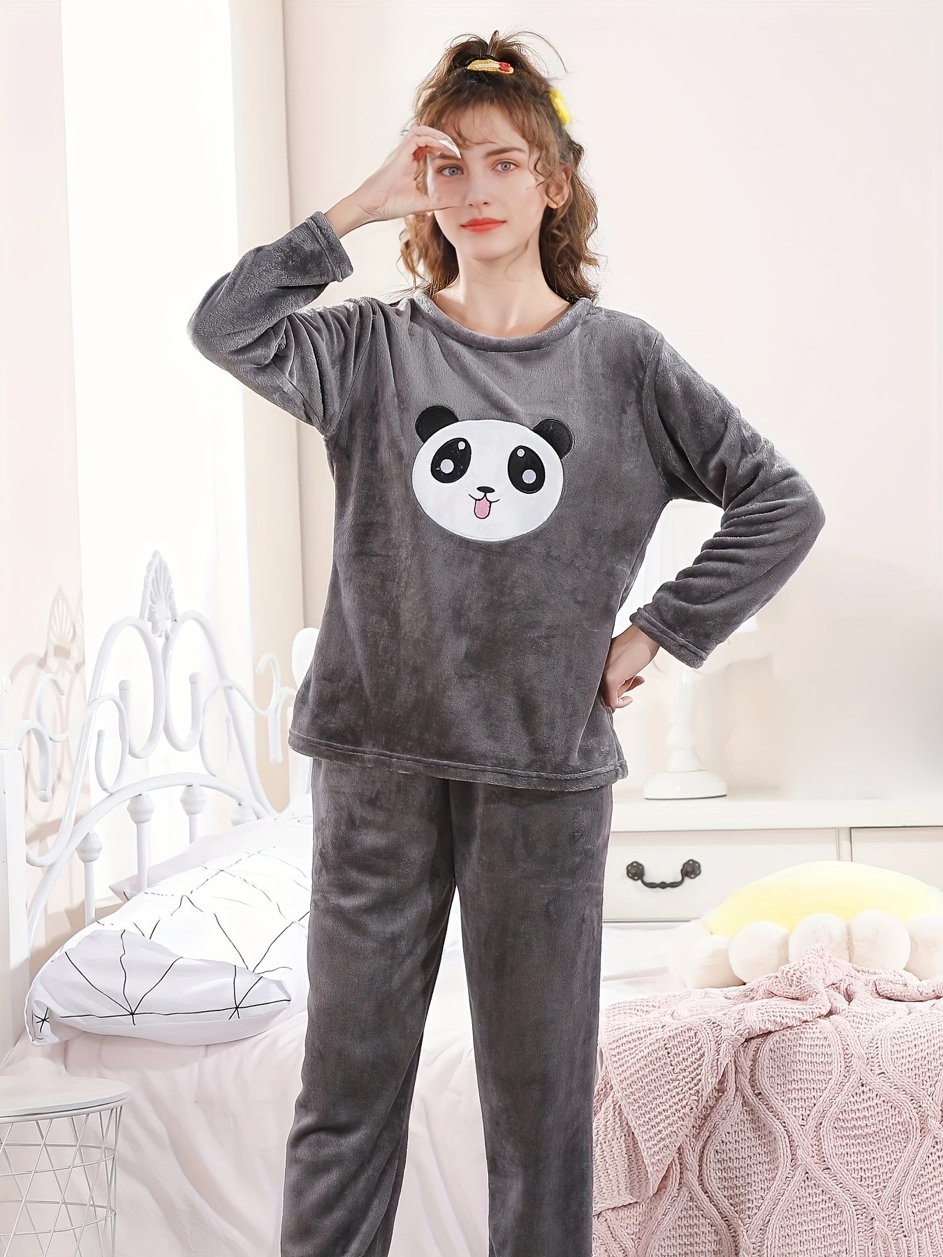 Girls Flannel Pajama Set Panda Print Soft Warm Long Sleeve Casual Loungewear