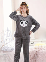 Girls Flannel Pajama Set Panda Print Soft Warm Long Sleeve Casual Loungewear