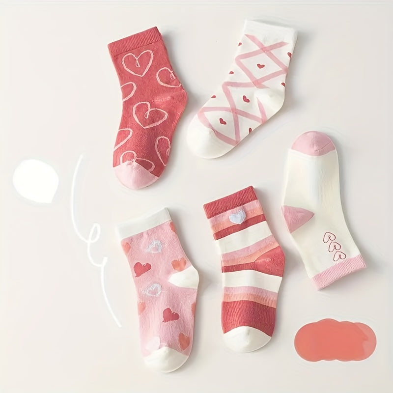10 Pairs Girl's Heart Knit Socks, Cute Crew Cotton Blend