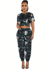 Camo Print Two-Piece Set Short Sleeve Tee & Jogger Pants