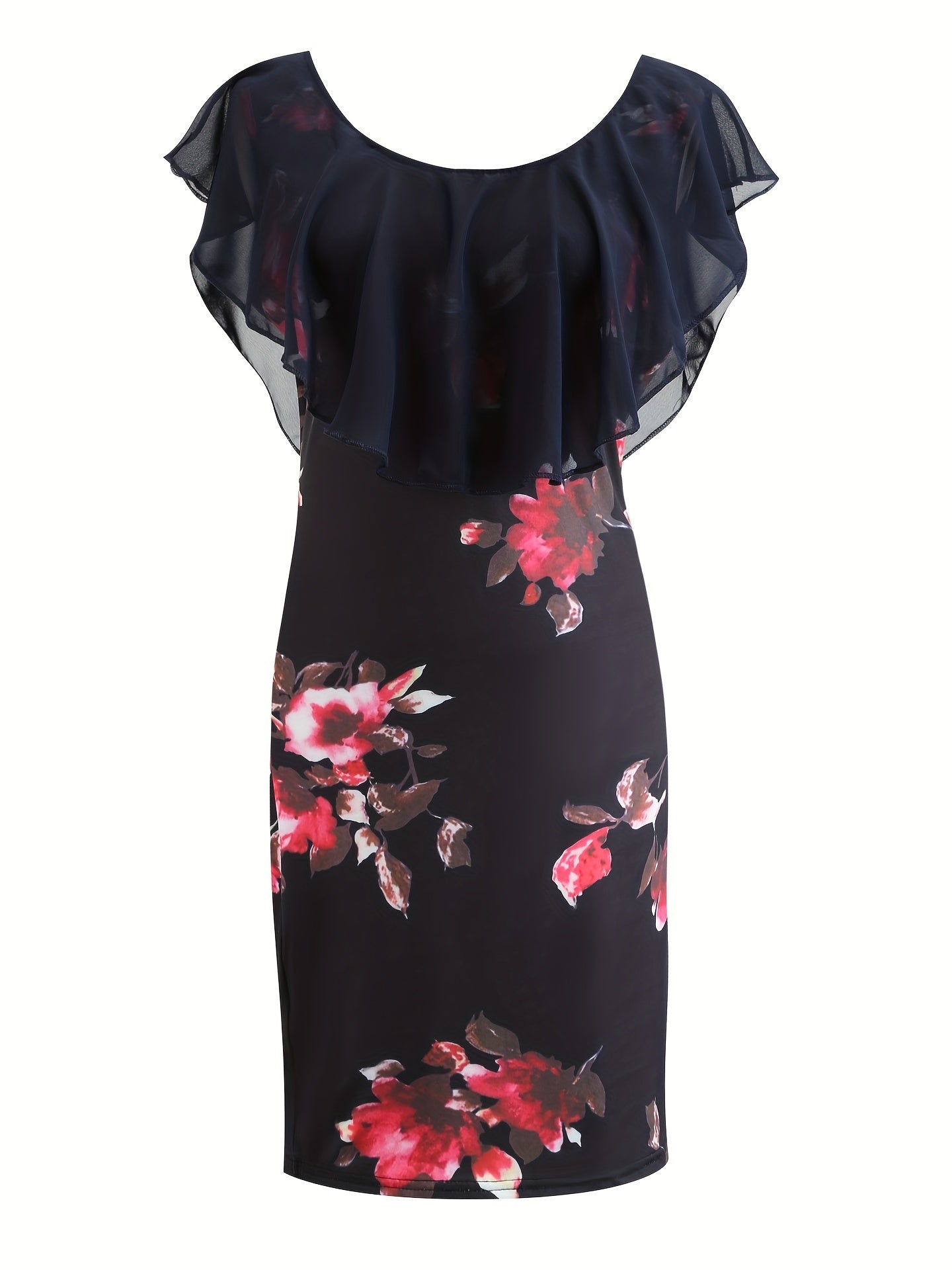 Floral Print Ruffle Trim Dress Short Sleeve Scoop Neck Bodycon Mini Dress
