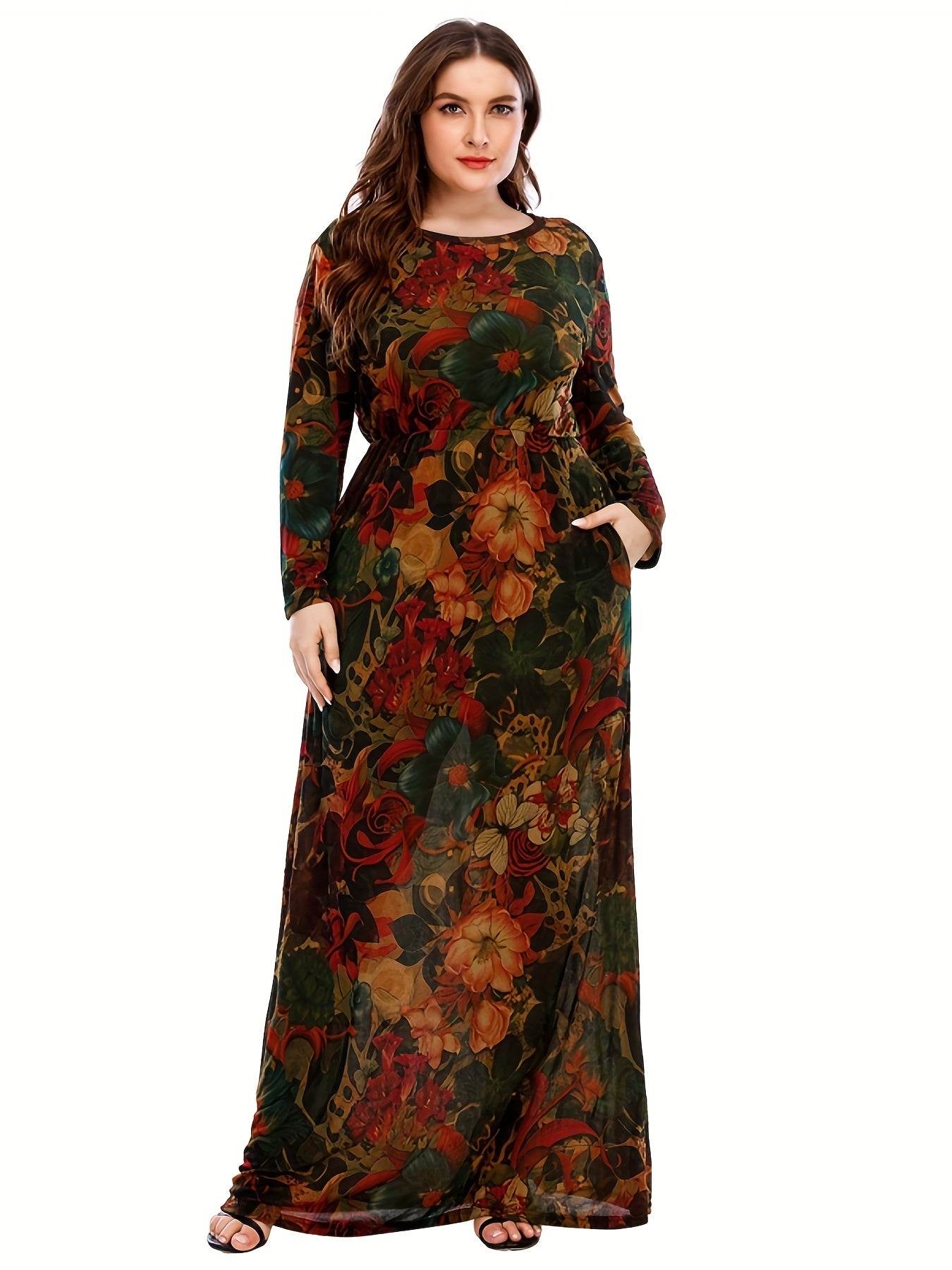 Allover Print Long Sleeve Maxi Dress With Pockets