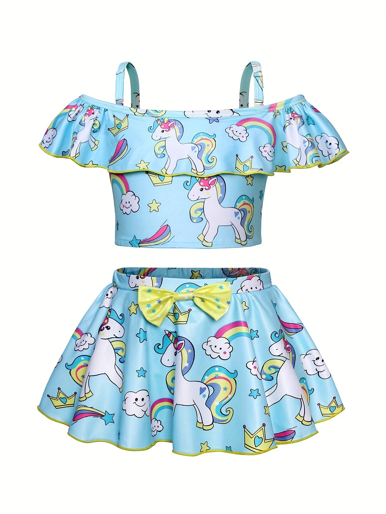 Girls Unicorn Bikini Set Off Shoulder Strappy Bikini Top Skirt Swimwear