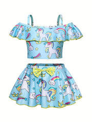 Girls Unicorn Bikini Set Off Shoulder Strappy Bikini Top Skirt Swimwear