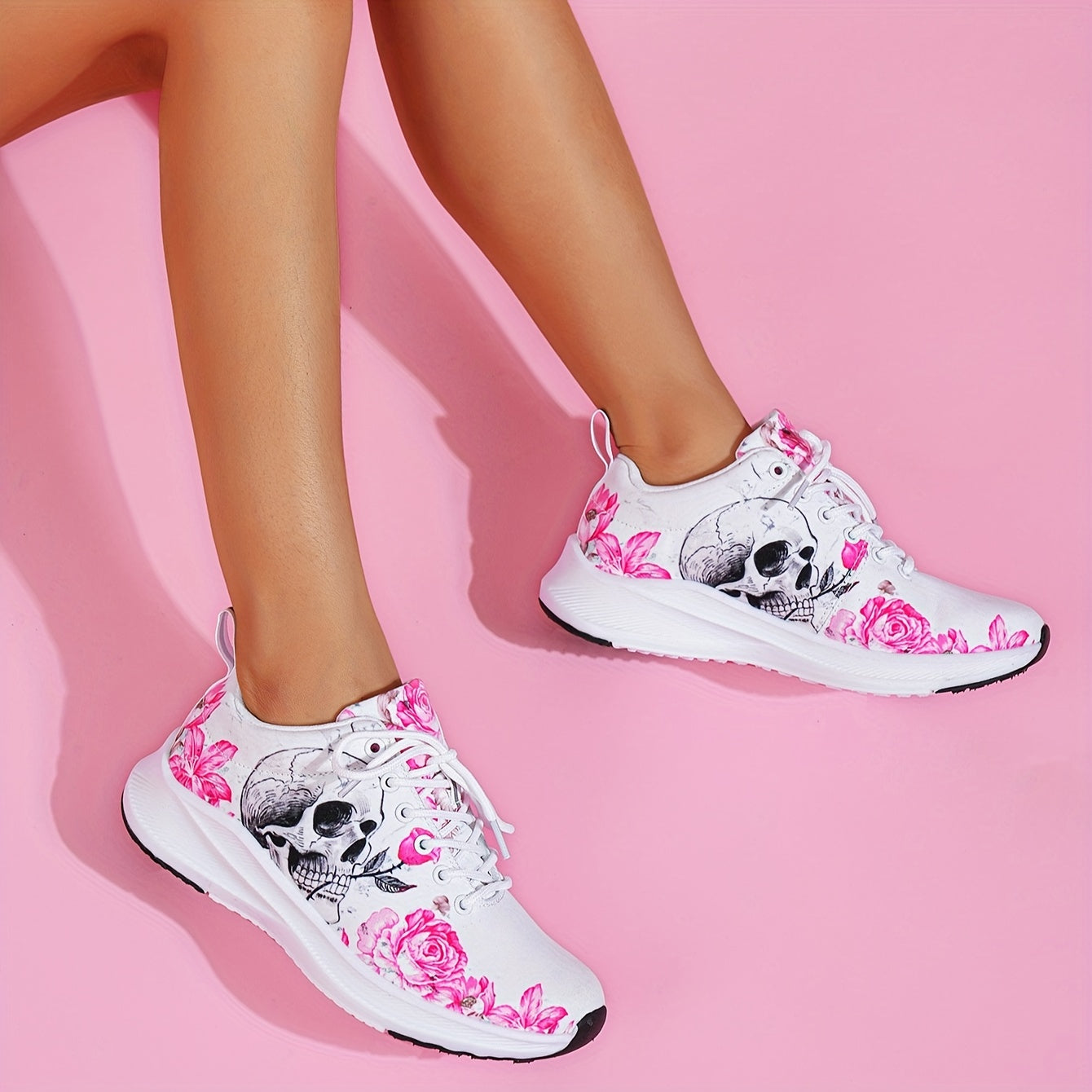 Skull & Rose Pattern Lightweight Sneakers