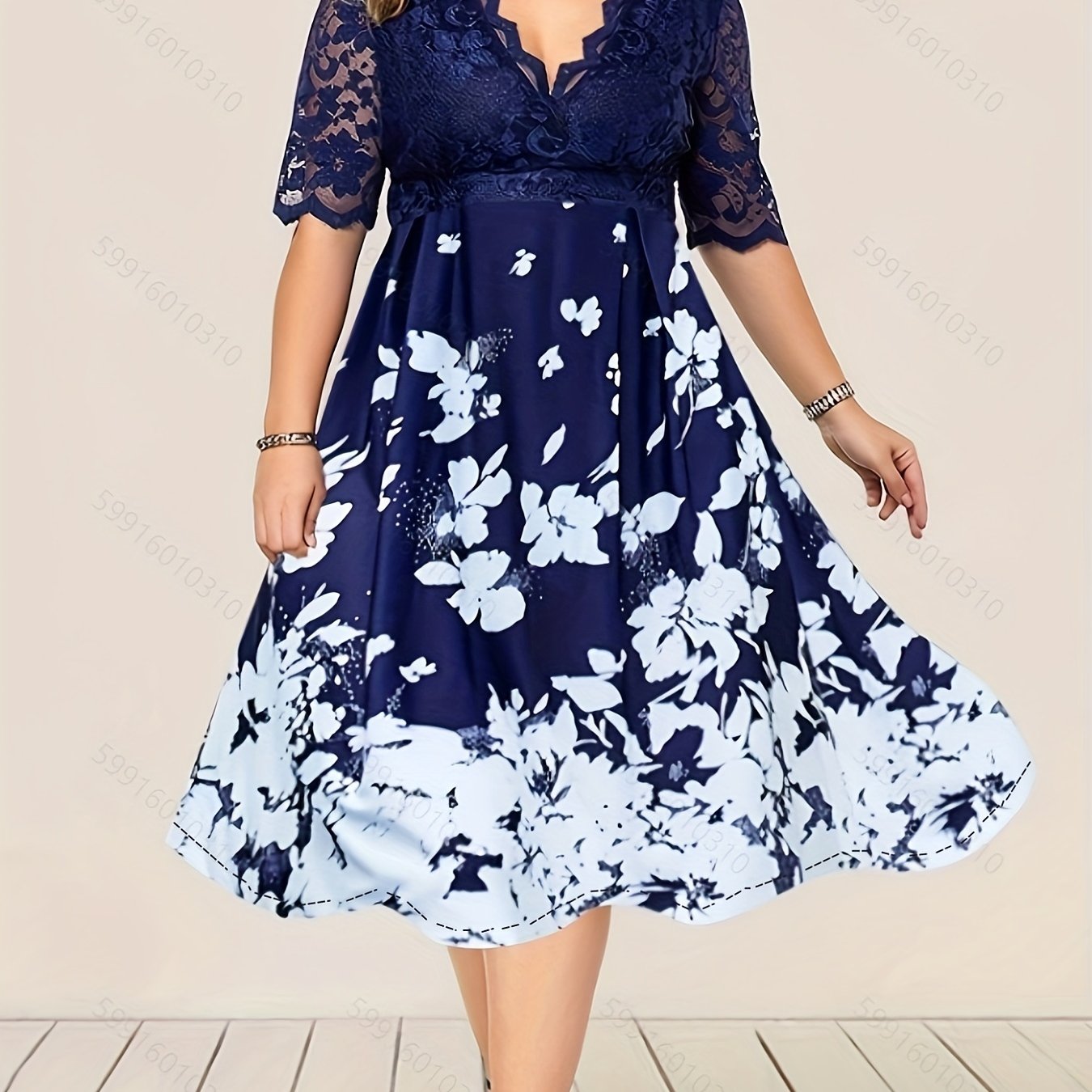 Casual Dress Women's Plus Floral Print Lace Sleeve Midi Party Dress