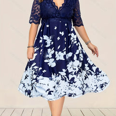 Casual Dress Women's Plus Floral Print Lace Sleeve Midi Party Dress