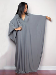 Boho Cover Up Solid Batwing Sleeve V Neck Split Maxi Beach Dress