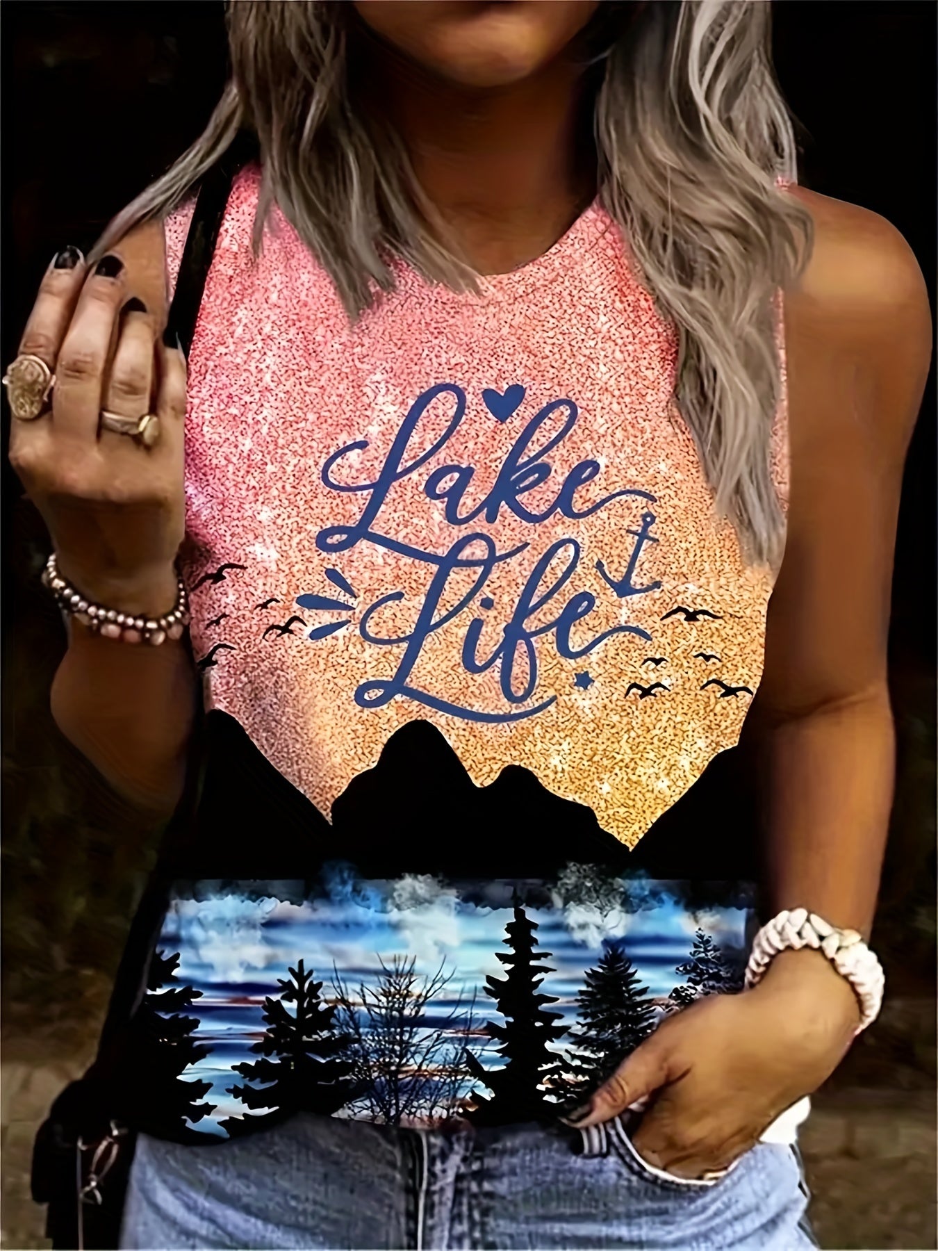 Women's Summer Tank Top All Over Print Crew Neck Casual Sleeveless Shirt