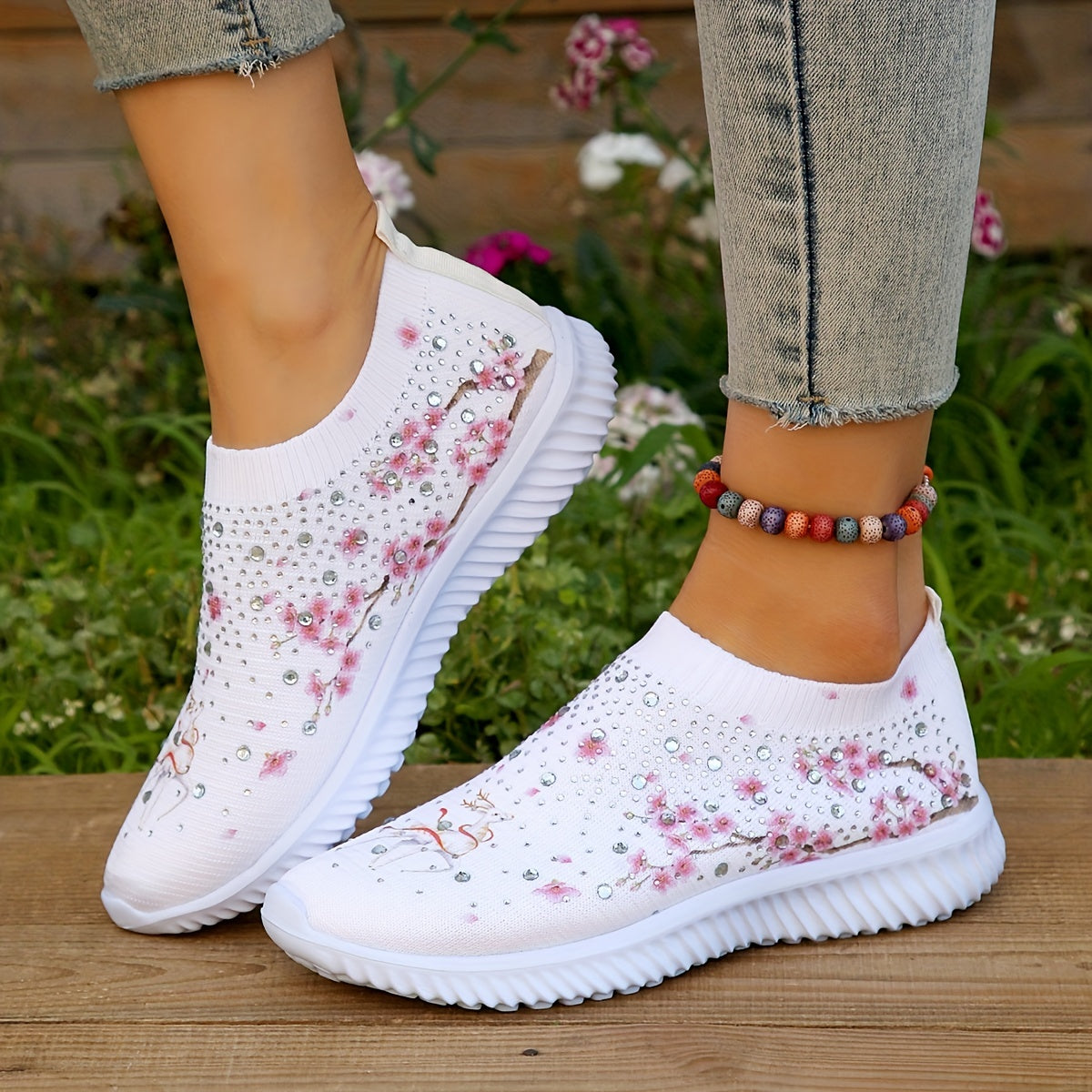 Floral Print Sock Shoes with Rhinestone Decor Low Top Slip On Women's Shoes