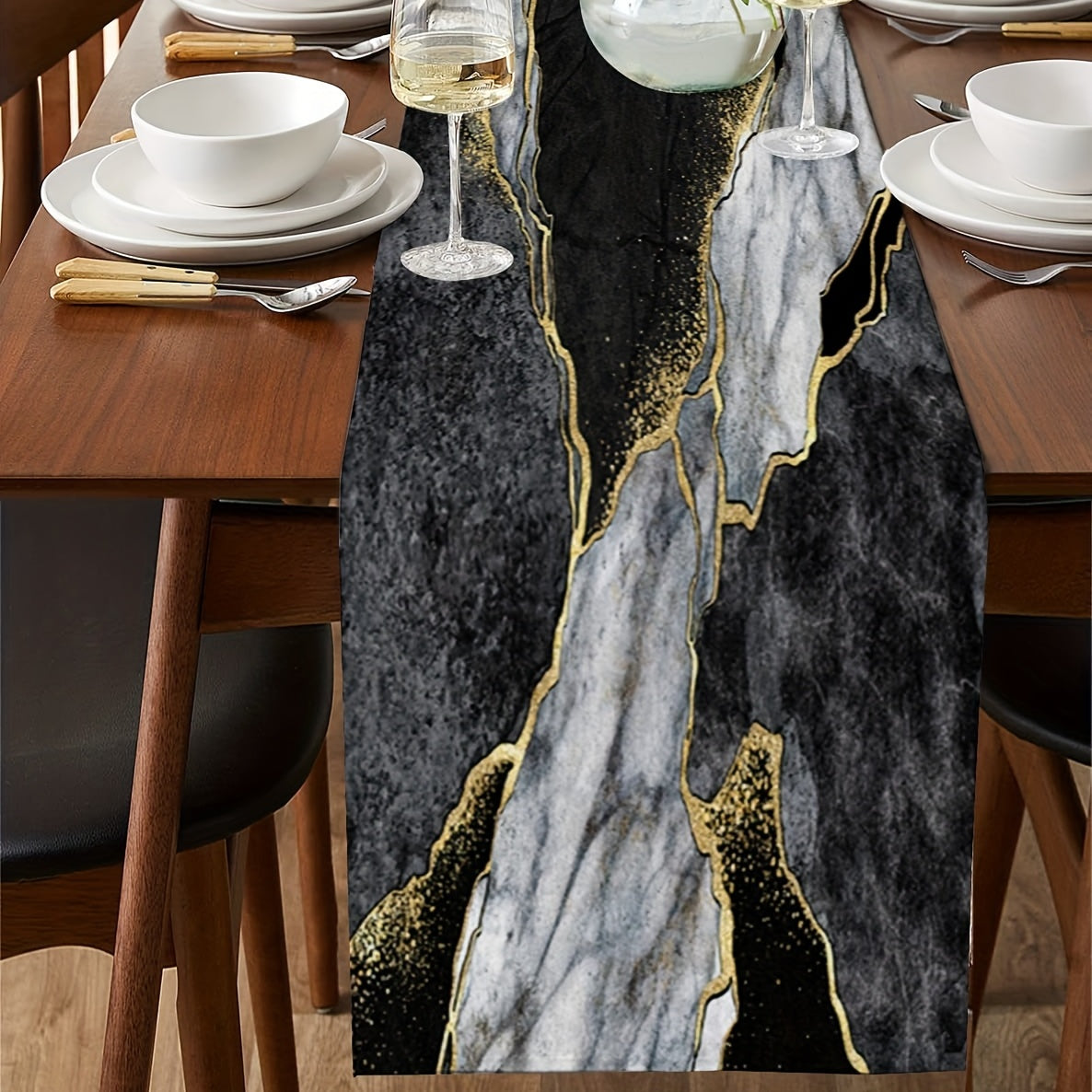 Long Golden Marble Texture Malachite Abstract Linen Table Runner 13x72