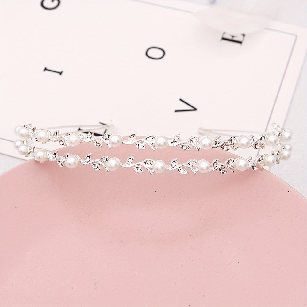 Pearl Rhinestone Headband Double Layer Hair Band Bridal Wedding Hair Access