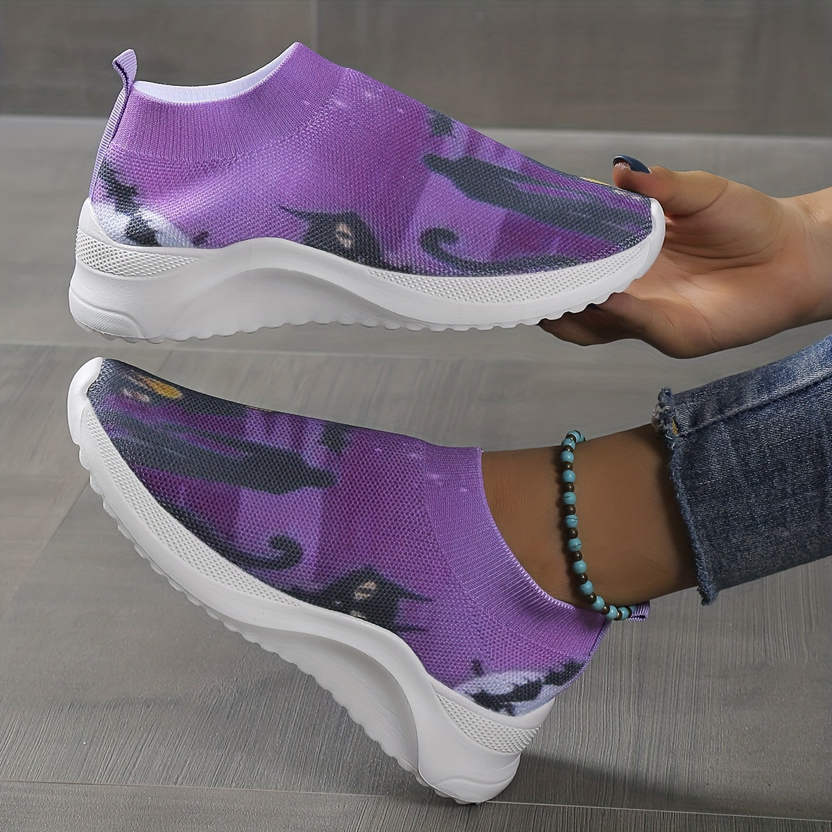 Women's Cat Print Casual Sock Shoes Low Top Sneakers