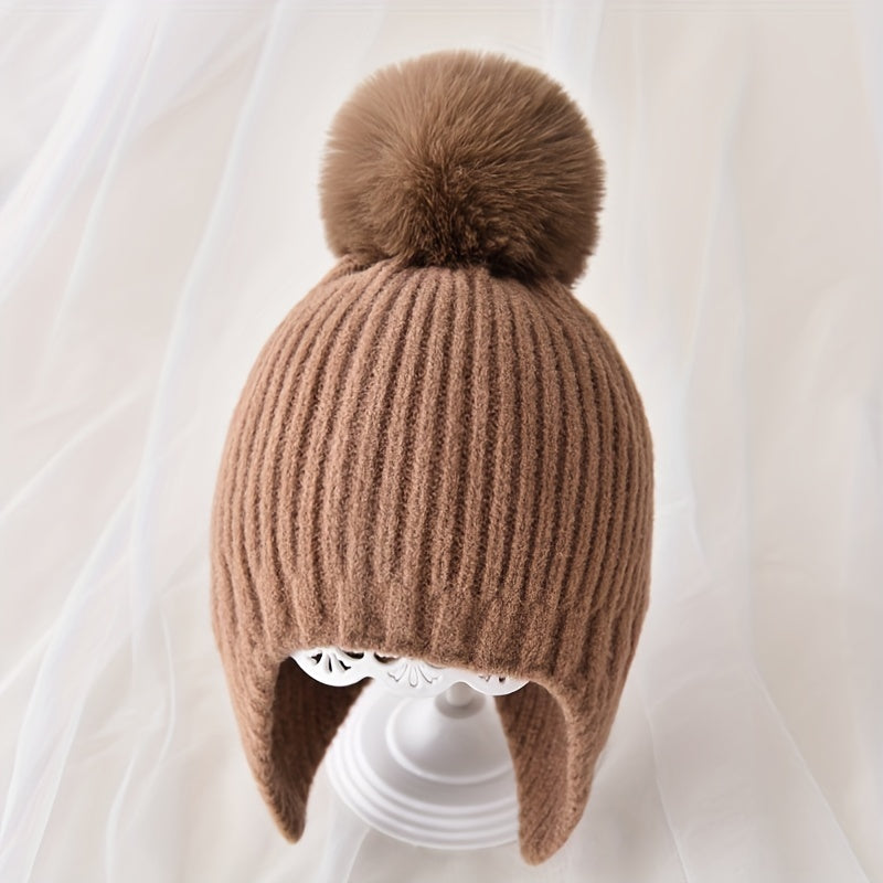 Children's Knitted Hat with Ear Protection and Fur Ball