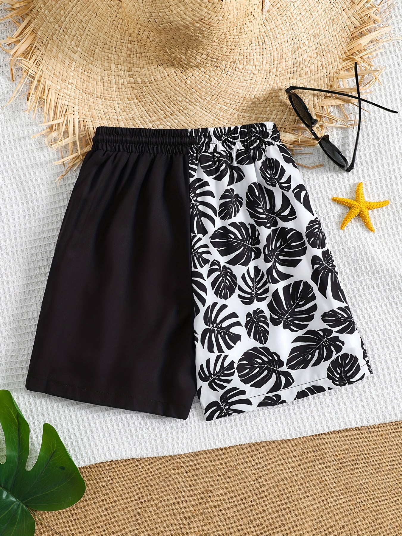 Boy's Plant Pattern Beach Shorts Drawstring Stretchy Casual Kids Clothes