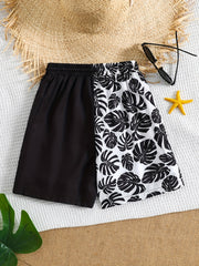 Boy's Plant Pattern Beach Shorts Drawstring Stretchy Casual Kids Clothes