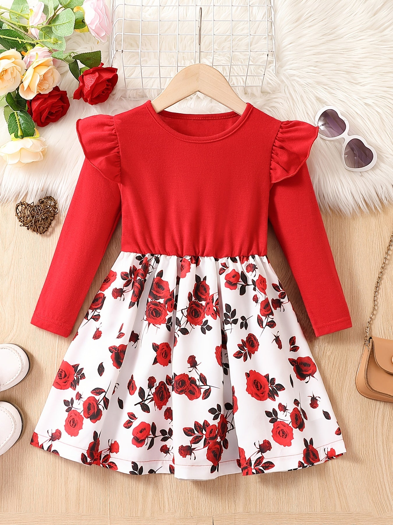 Girls' Rose Flowers Graphic Long Sleeve Dress Spring Autumn Outfit
