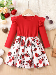 Girls' Rose Flowers Graphic Long Sleeve Dress Spring Autumn Outfit
