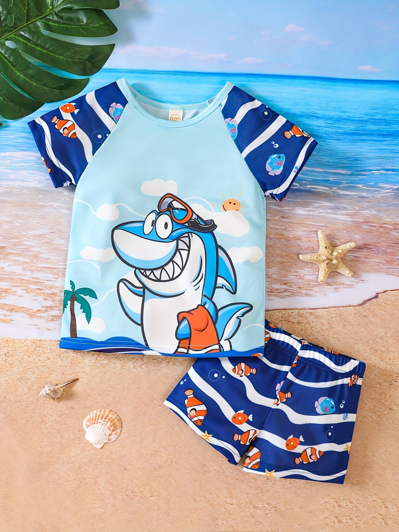 Boys Shark & Fish Swim Trunks & Tops Set for Vacation