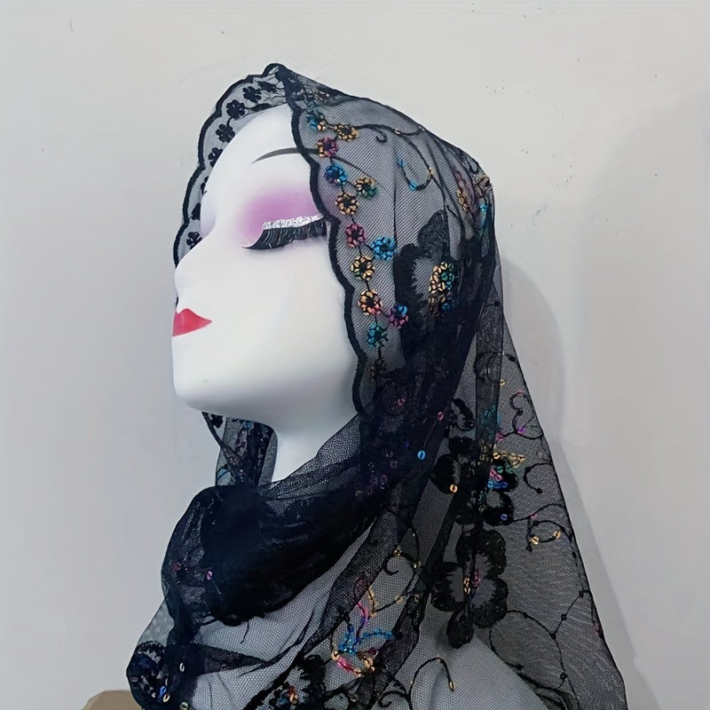 Flower Embroidery Mesh Head Scarf Lace Hijab Ramadan Turban
