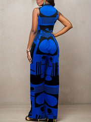 Graphic Print Cinched Tank Jumpsuit Sleeveless Button Front Jumpsuit