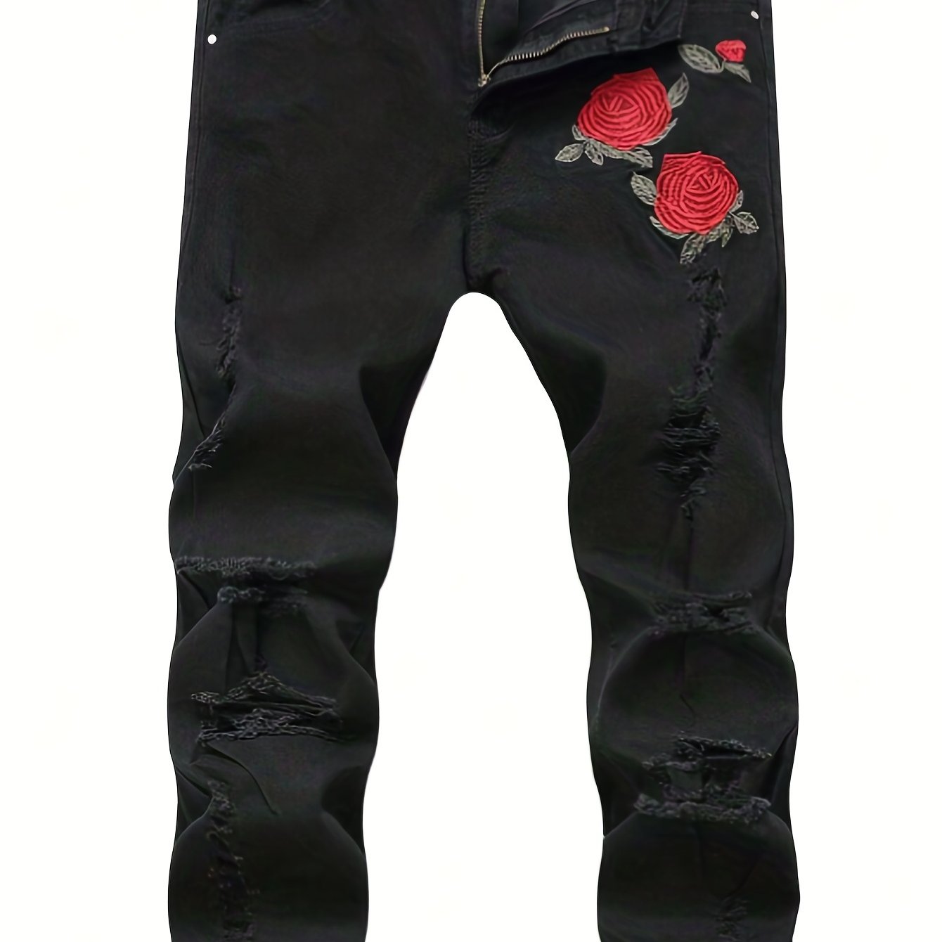 Slim Fit Rose Embroidery Ripped Jeans Men's Casual Street Style Stretch Denim